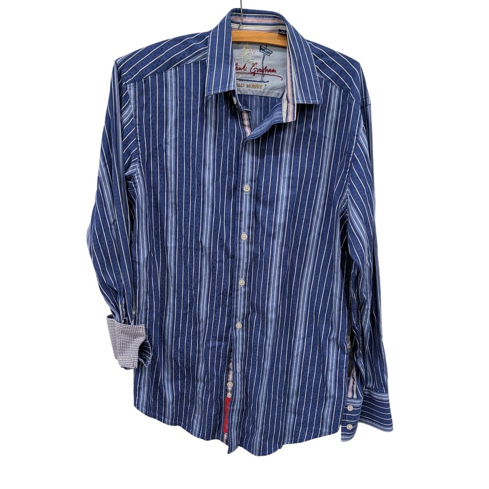 Robert Graham Men's Old Money Blue Striped Cotton Button Down Shirt- Medium